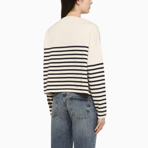 PHILOSOPHY DI LORENZO SERAFINI Striped Boat Neck Sweater with Gold Buttons and Red Lettering for Women