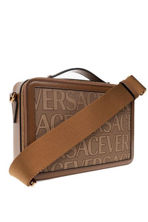 VERSACE Versatile All-Over Logo Printed Canvas Messenger Handbag in Beige for Men