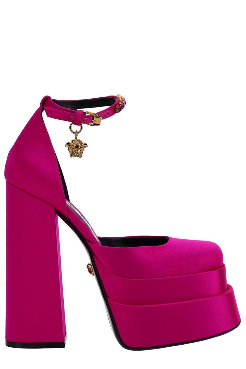 حذاء بكعب منصة الساتان المزين بشعارات ميدوسا باللونين الوردي والأرجواني للنساء