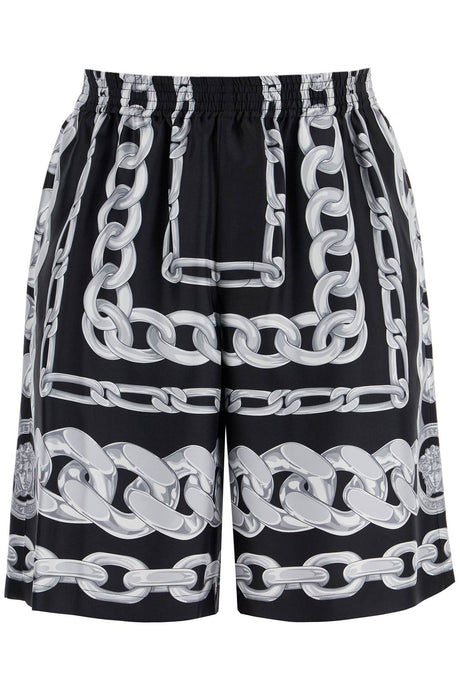 VERSACE Printed Silk Shorts with Medusa Chain Design