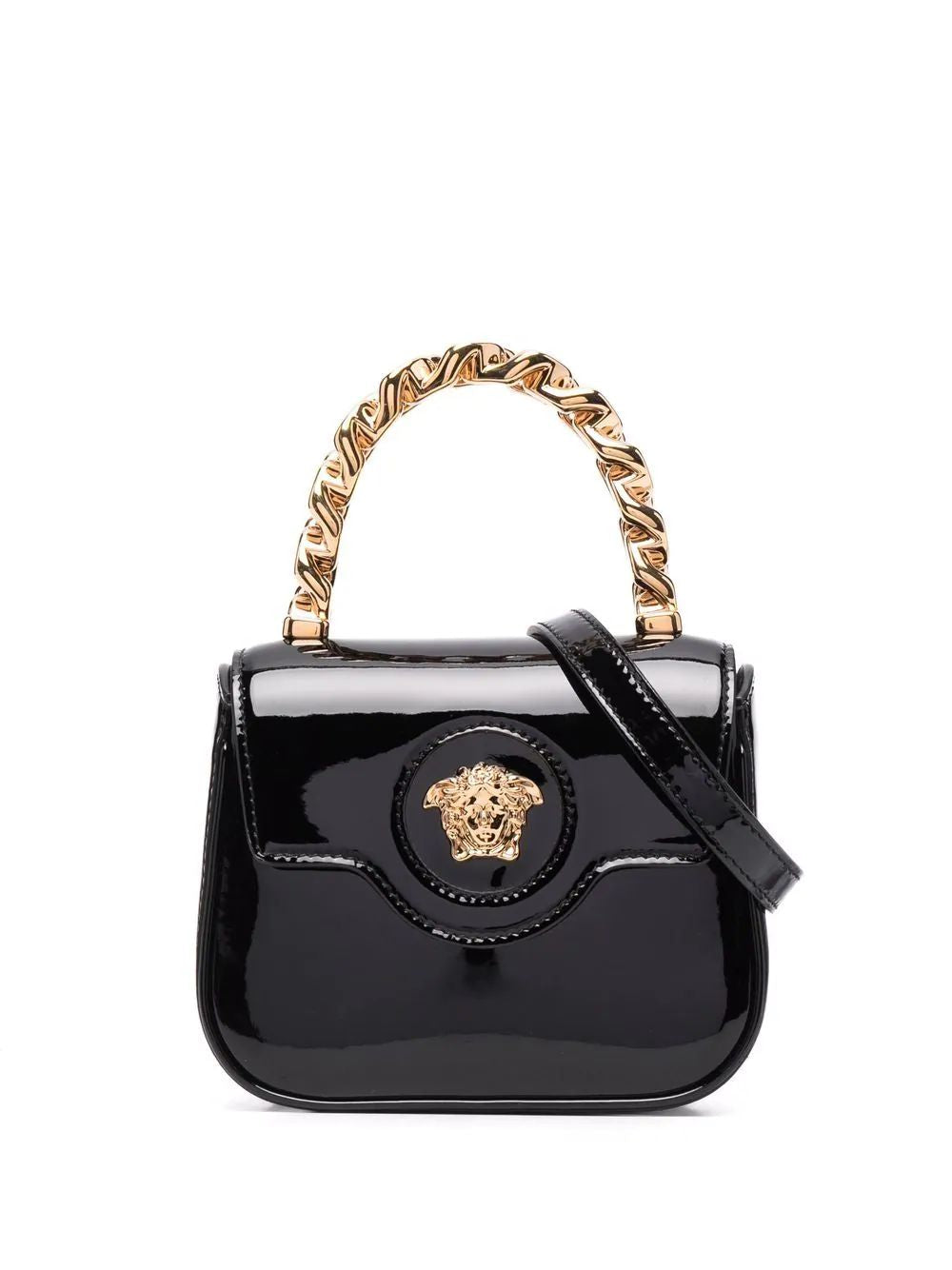 VERSACE Black Patent Leather Mini Medusa Handbag with Gold-Tone Chain and Detachable Strap