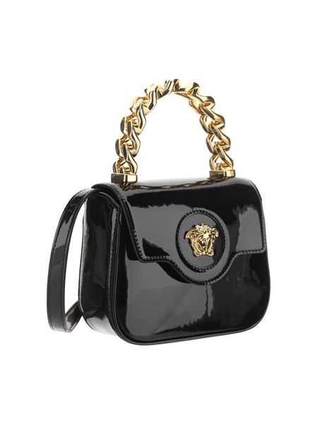 VERSACE Black Patent Leather Mini Medusa Handbag with Gold-Tone Chain and Detachable Strap