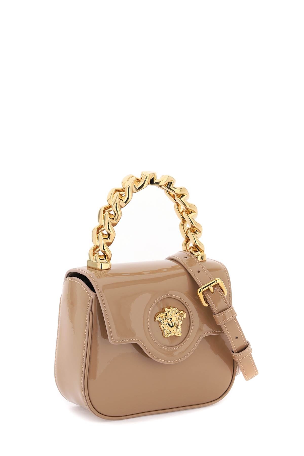 VERSACE Tan Patent Leather Mini Medusa Handbag with Gold-Tone Chain and Detachable Strap
