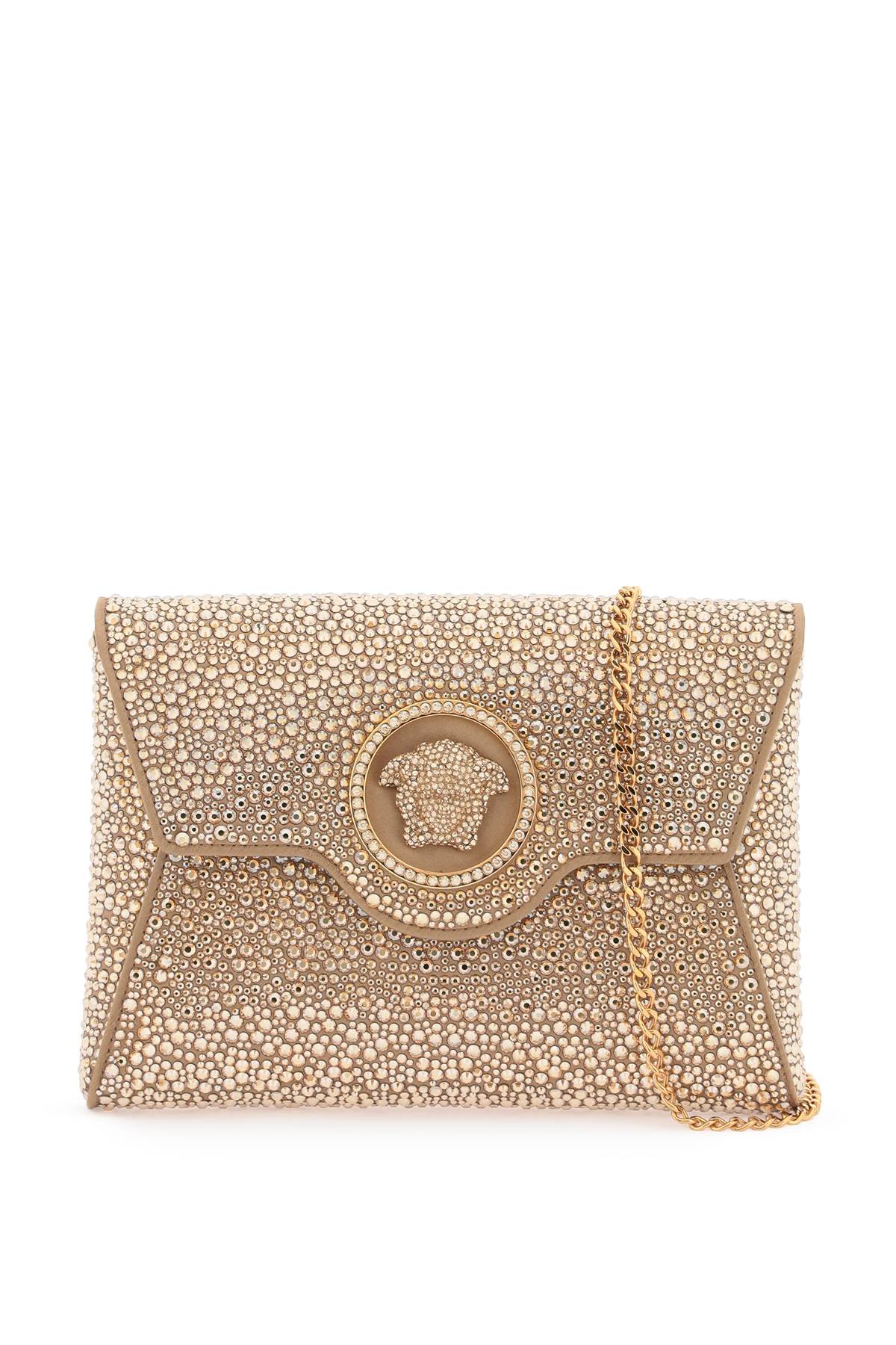 Clutch xinh đẹp chất liệu satin lấp lánh đính đá phong cách của thương hiệu VERSACE thời trang mùa đại hội SS24