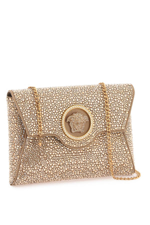 Beige Satin Envelope Clutch with Crystals and Iconic Medusa