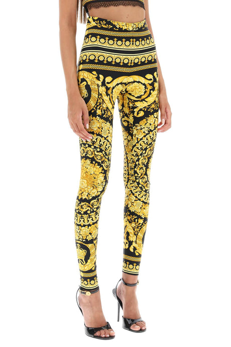 VERSACE Baroque Print Stretch Leggings in Black and Gold for Women