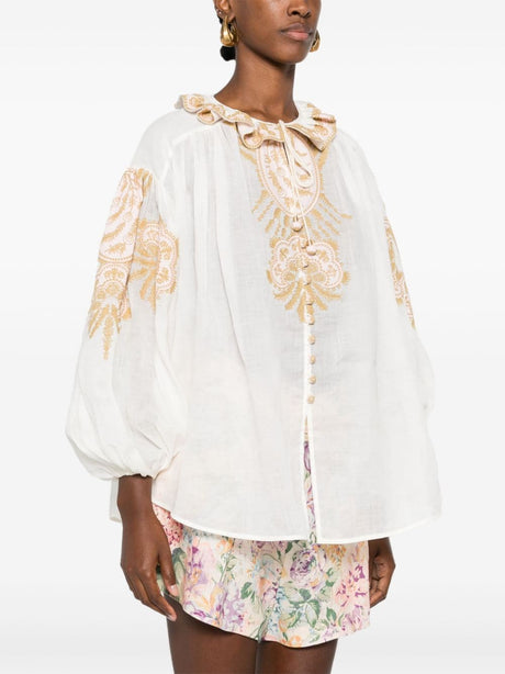 ZIMMERMANN Embroidered White Ramie Blouse with Ruffle Collar