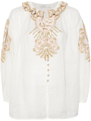 ZIMMERMANN Embroidered White Ramie Blouse with Ruffle Collar