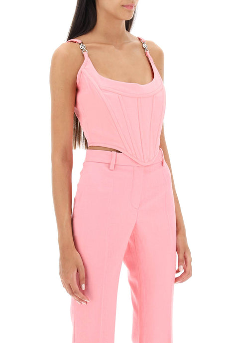 粉色羊毛紧身胸衣，拥有Versace图案和V字形结构