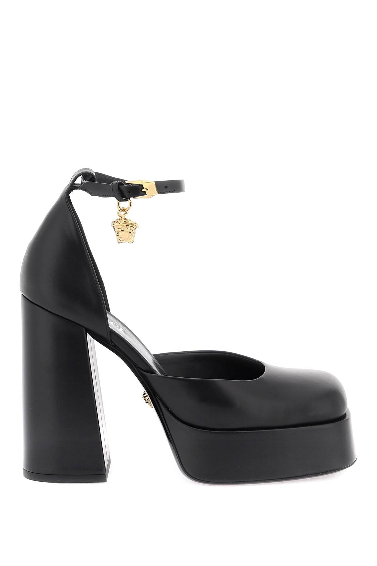 Black Leather Pumps with Covered Platform and Maxi Heel for Women