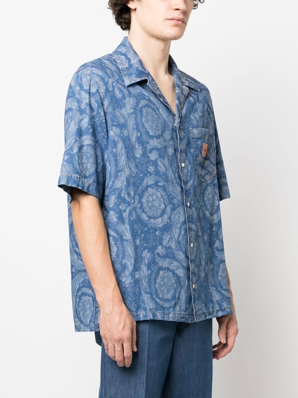 VERSACE Men's Blue Floral Print Cotton Shirt