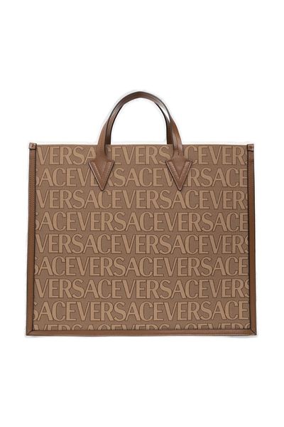 VERSACE Men's Beige Canvas and Leather Shopping Handbag for FW24