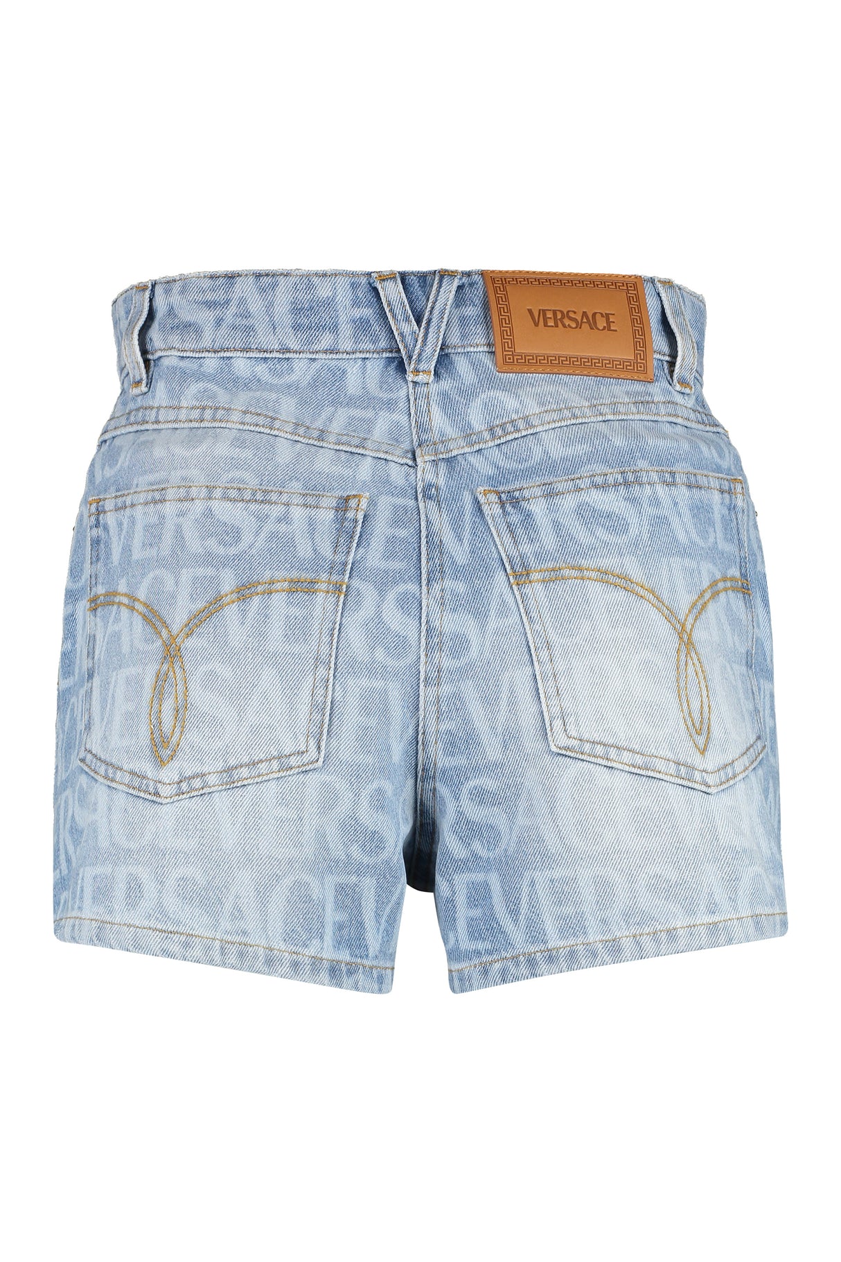 VERSACE Blue All Over Logo Print Denim Shorts for Women