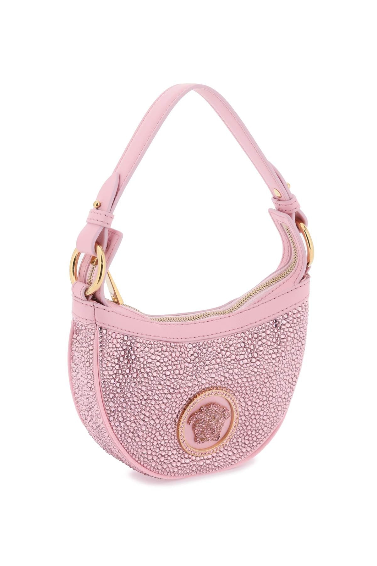 Elegant Pink Mini Hobo Handbag with Crystals and Iconic Medusa by a Leading Fashion Designer