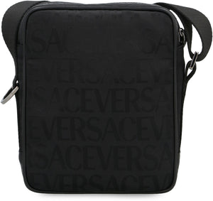 VERSACE Black Logo Print Canvas Messenger Handbag for Men