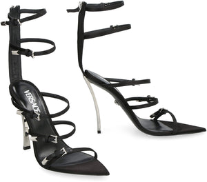 VERSACE Black Pointed-Toe Heeled Sandals - Satin, Leather, Mirror Stiletto Heels