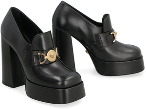 Black Leather Square Toe Loafers with Logo Detail, Block Heel and Platform