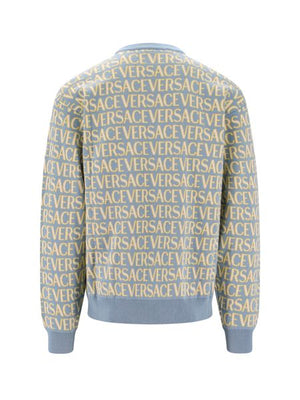 Blue All-Over Motif Crew-Neck Sweater