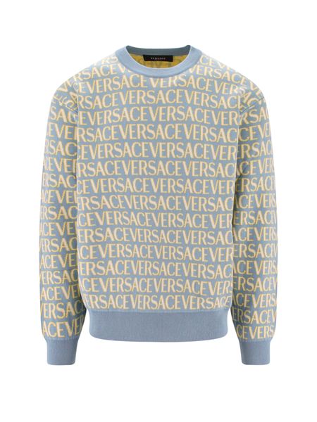 Blue All-Over Motif Crew-Neck Sweater