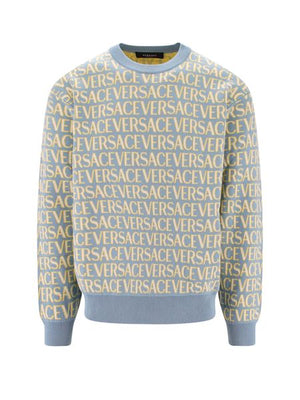 Blue All-Over Motif Crew-Neck Sweater