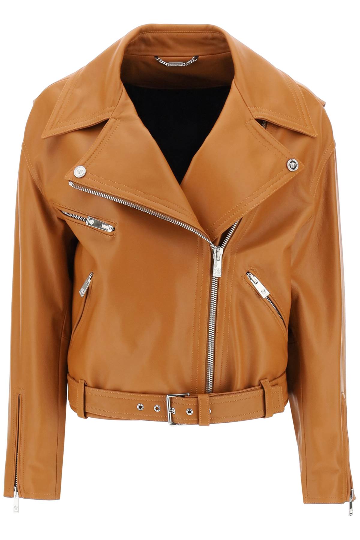 VERSACE Luxurious Women's Biker Jacket in Smooth Leather with Iconic Silver-Tone Detailing