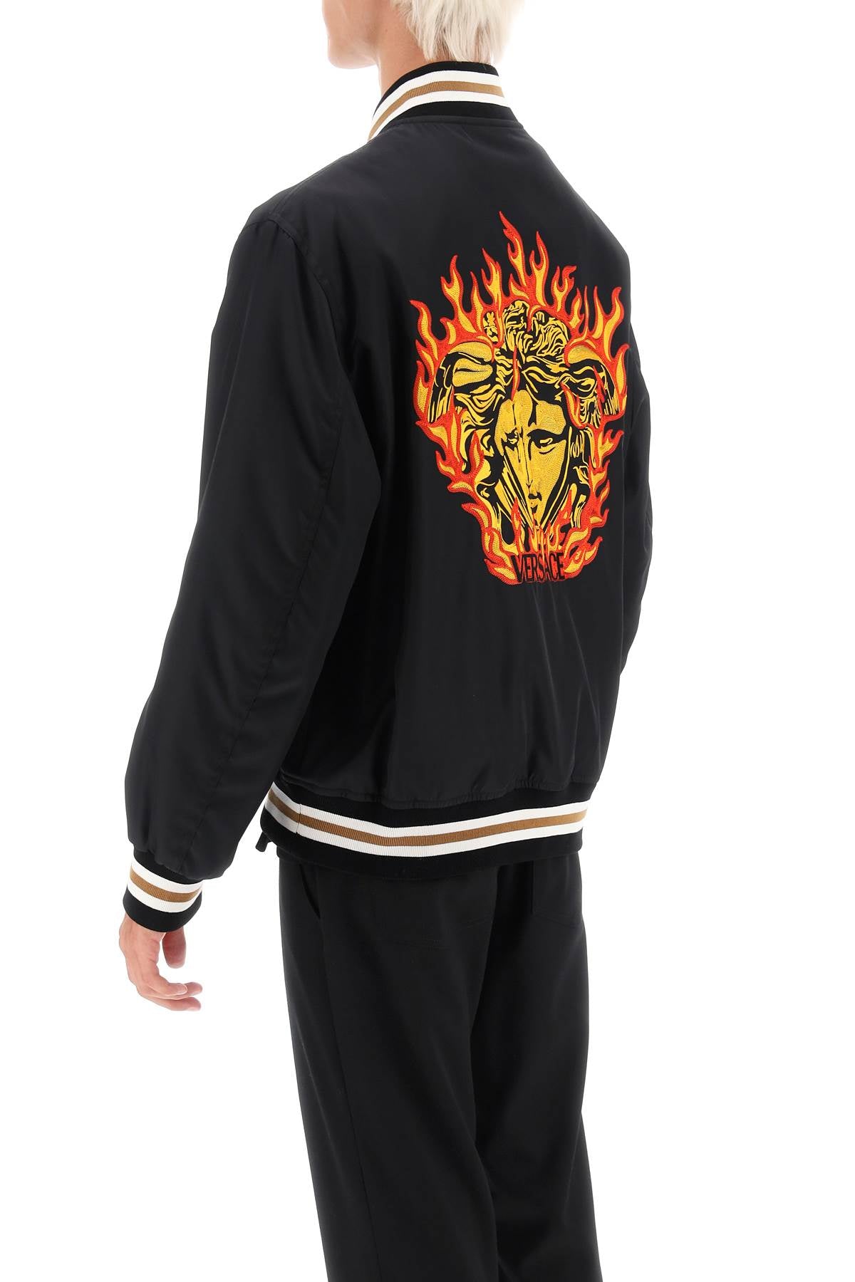 VERSACE Black Nylon Varsity Bomber Jacket with Medusa Flame Embroidery - FW23