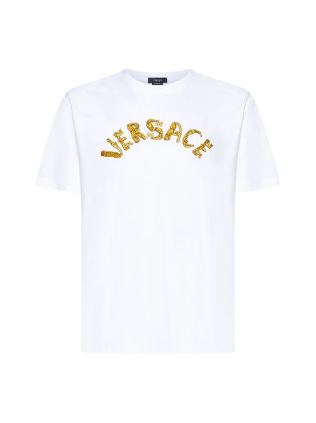 VERSACE Men's White Embroidered T-Shirt with Baroque Logo