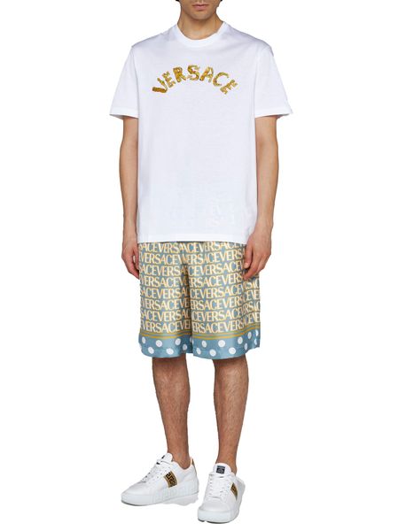 VERSACE Men's White Embroidered T-Shirt with Baroque Logo