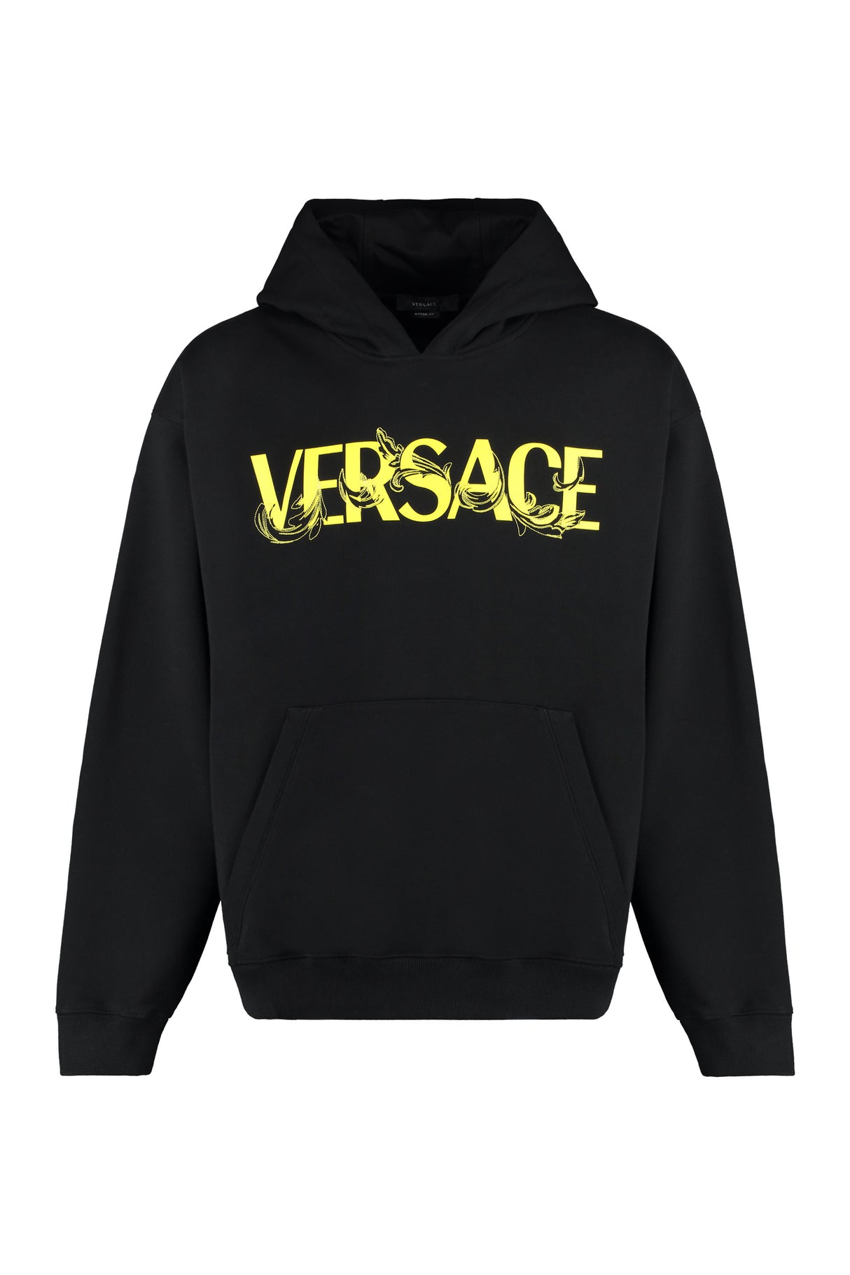 Black Cotton Hoodie with Contrasting Logo Print and Ribbed Cuffs