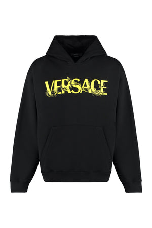 VERSACE Men's Black Contrast Logo Cotton Hoodie for FW23