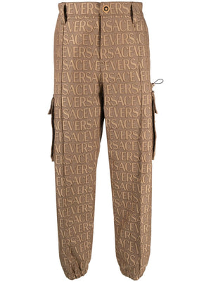 VERSACE Beige Cargo-Trousers with All-Over Motif and Elasticated Ankle Cuffs for Men