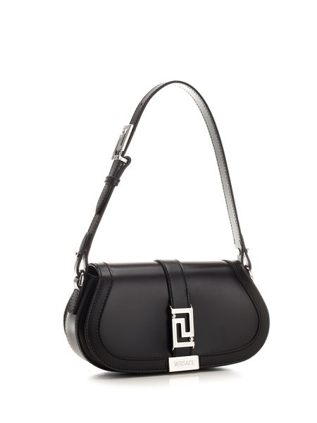 VERSACE Mini Goddess Black Leather Shoulder Bag with Silver Logo Buckle, Width: 21cm