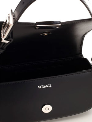 VERSACE Mini Goddess Black Leather Shoulder Bag with Silver Logo Buckle, Width: 21cm