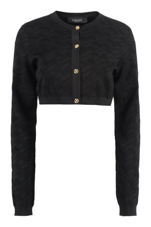 Jacquard Knit Cardigan with Embellished Buttons and Ribbed Edges - Black