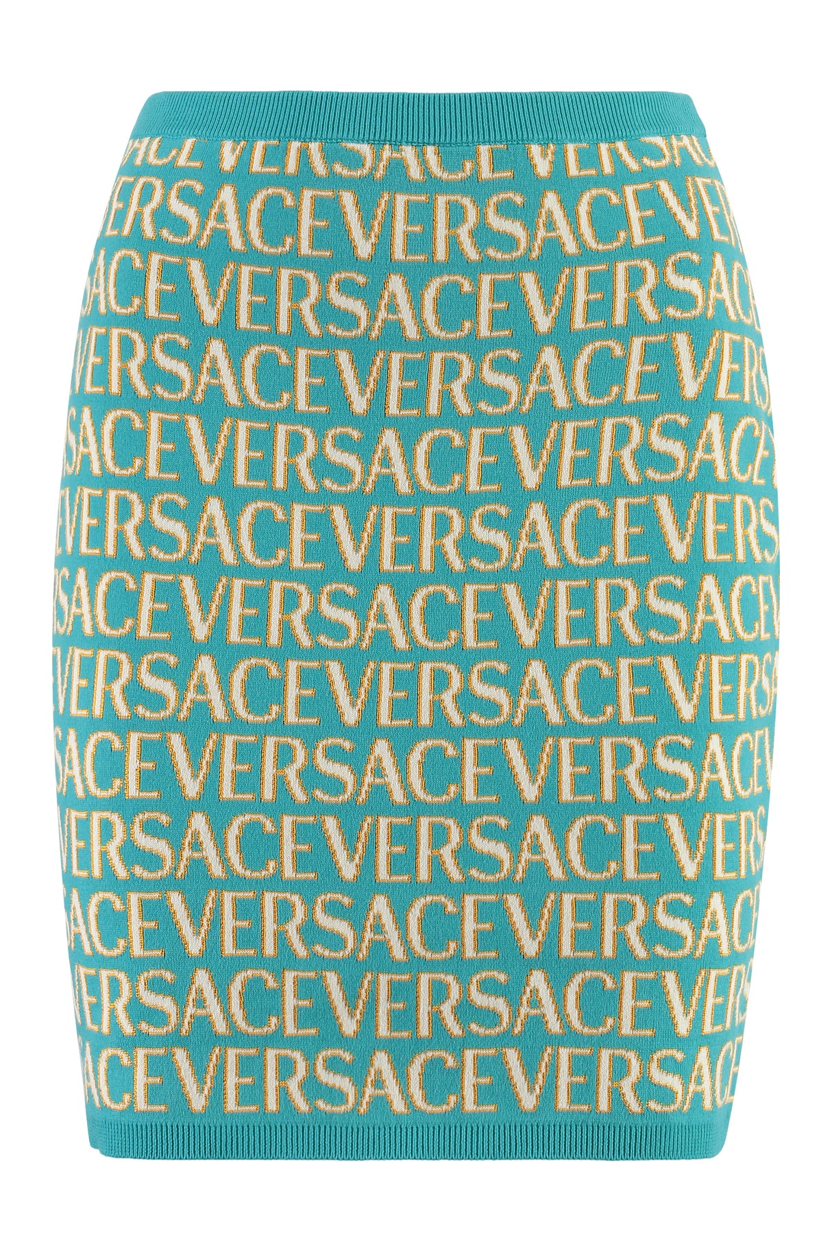 Chân váy ngắn knitturquoise Jacquard đính logo cho nữ (FW23)