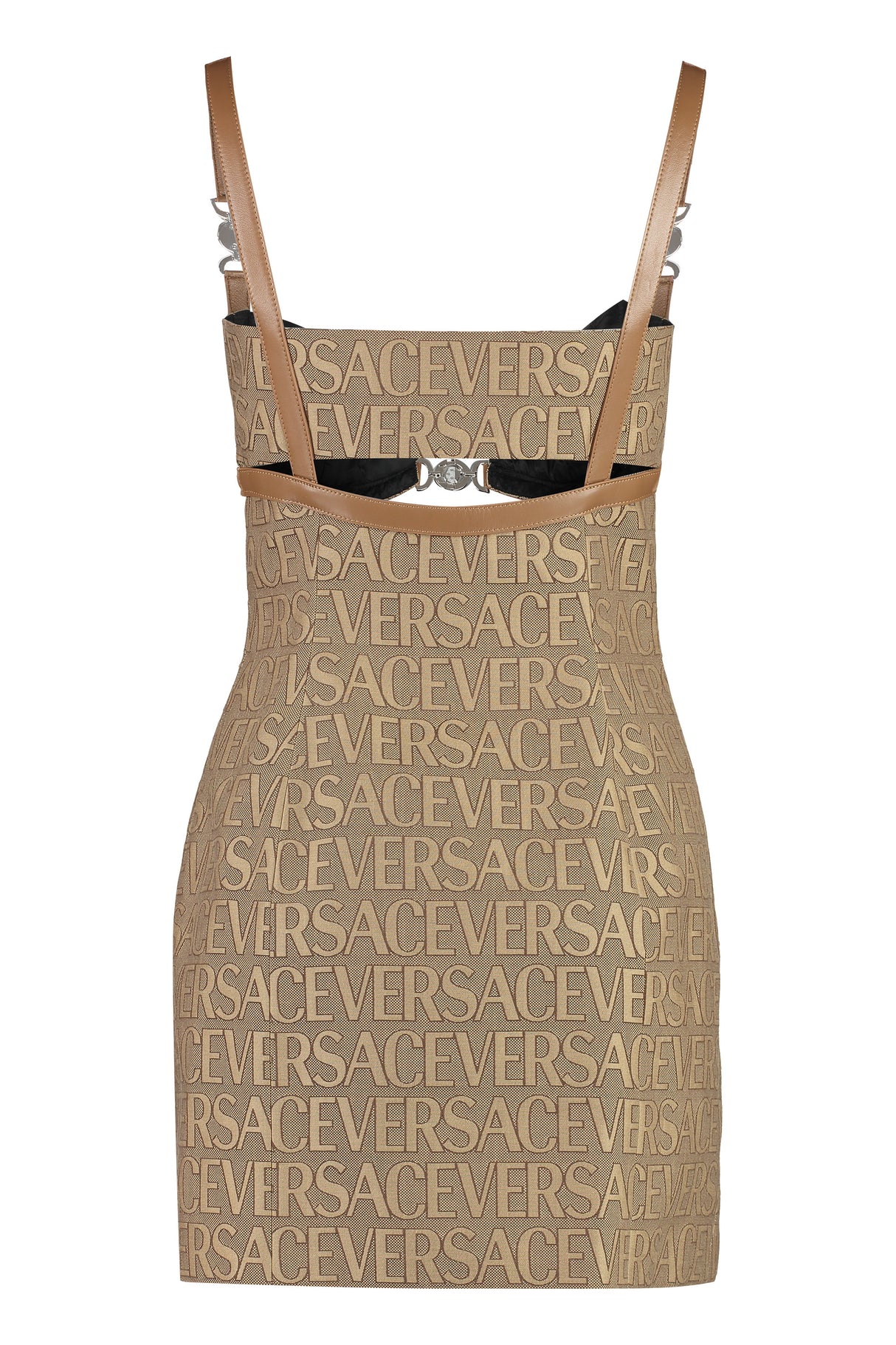 VERSACE Luxurious Beige Jacquard Mini Dress with Leather Details for FW23