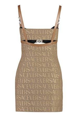 VERSACE Luxurious Beige Jacquard Mini Dress with Leather Details for FW23