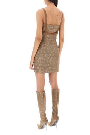 VERSACE Versatile Monogram Mini Dress with Leather Trims in Beige for Women - FW23 Collection