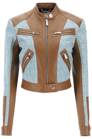 Stylish Lamb Leather Biker Jacket with Versace Allover Jacquard Fabric