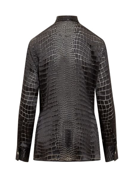 VERSACE Stylish Black Crocodile Effect Tie-Neck Shirt for Women
