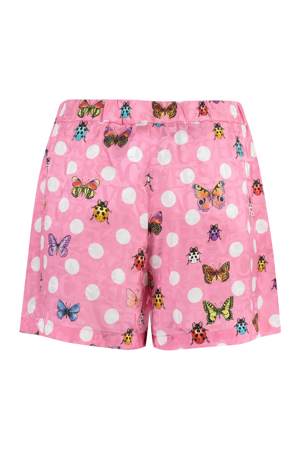 Pink Silk Blend Shorts with Butterflies and Ladybugs Print