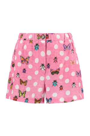 Pink Silk Blend Shorts with Butterflies and Ladybugs Print