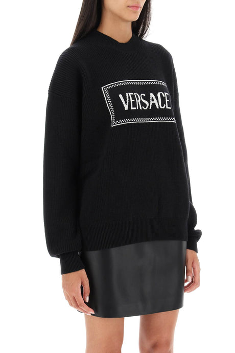 VERSACE Women's Black Knit Sweater with Logo Inlay - FW23 Collection