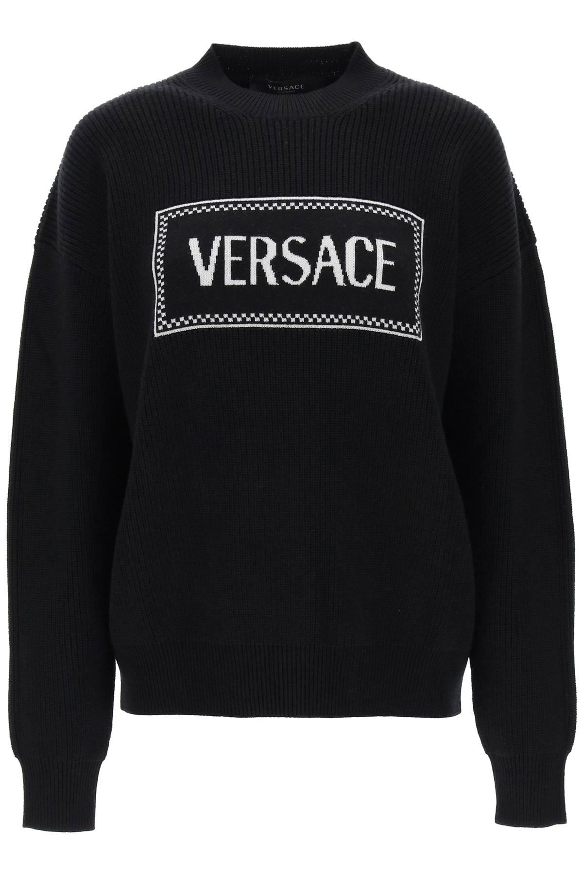 VERSACE Women's Black Knit Sweater with Logo Inlay - FW23 Collection