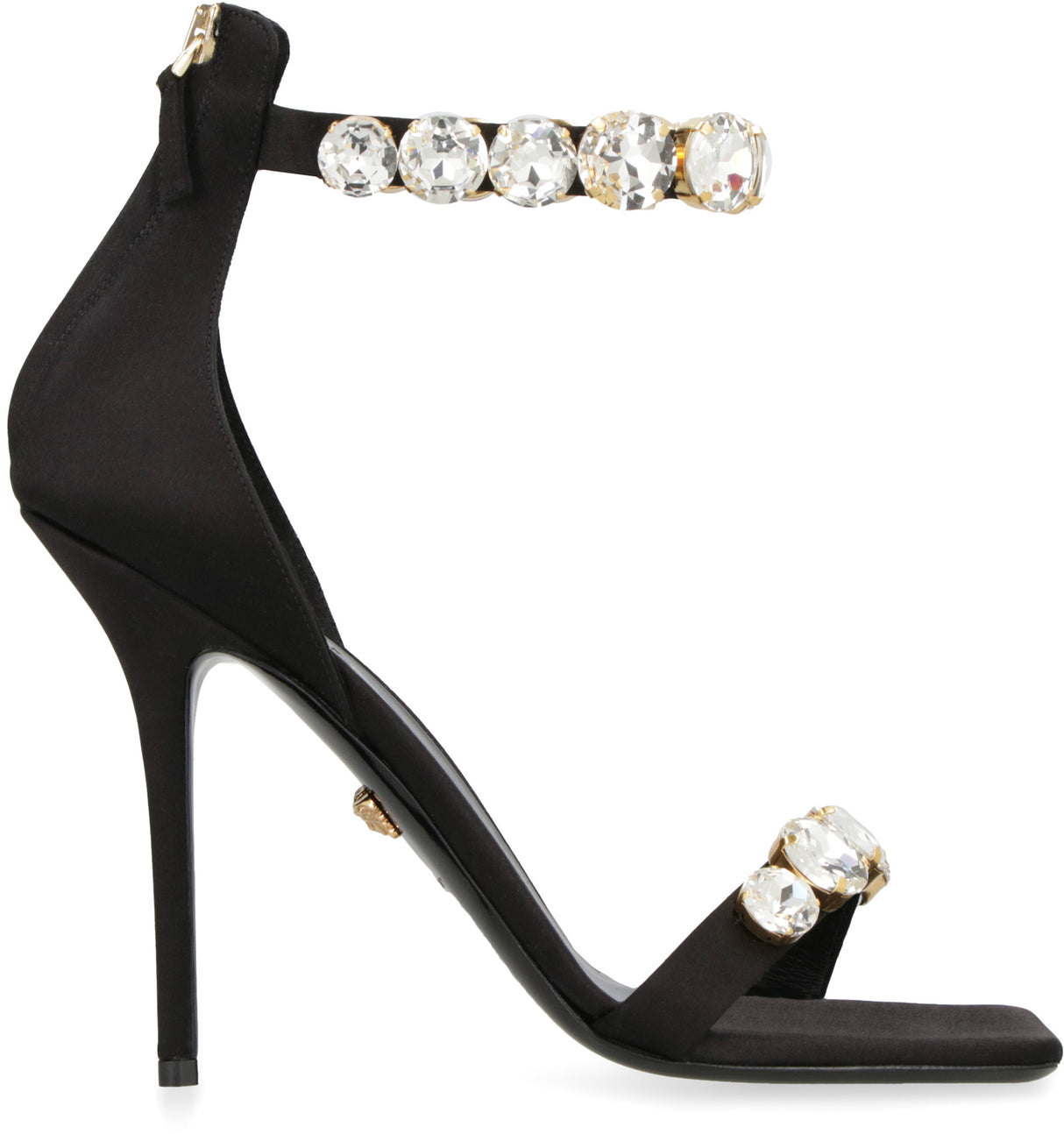 Satin Sandals with Embellished Details and Square Toe - Black