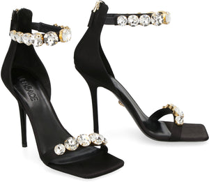 VERSACE Black Satin Sandals with Embellished Details and Stiletto Heels for Women