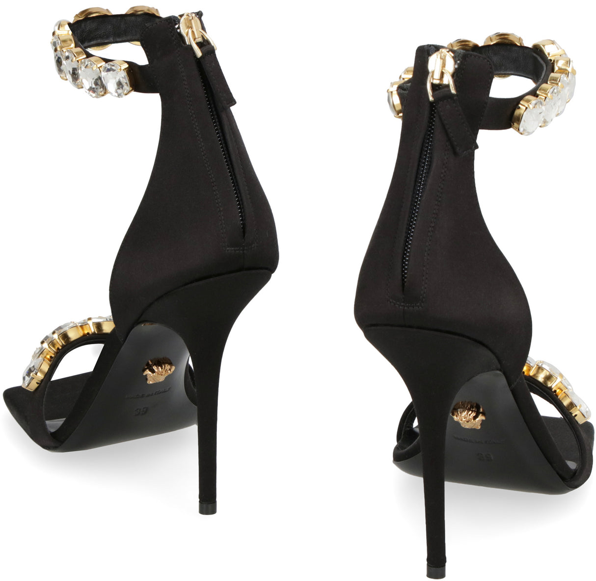 Black Satin Sandals with Embellished Details and Stiletto Heels for Women