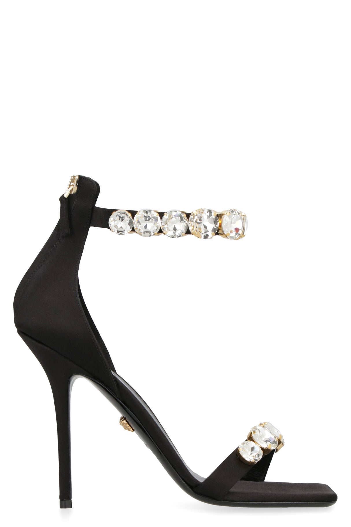 Black Satin Sandals with Embellished Details and Stiletto Heels for Women