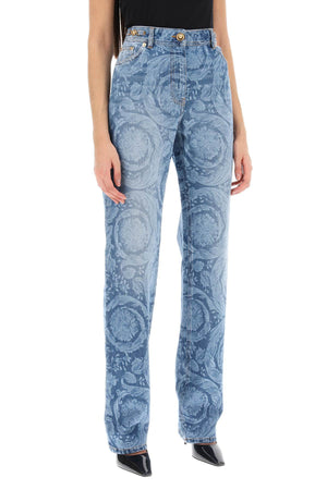 VERSACE Baroque Pattern Straight Leg Jeans in Light Blue for Women