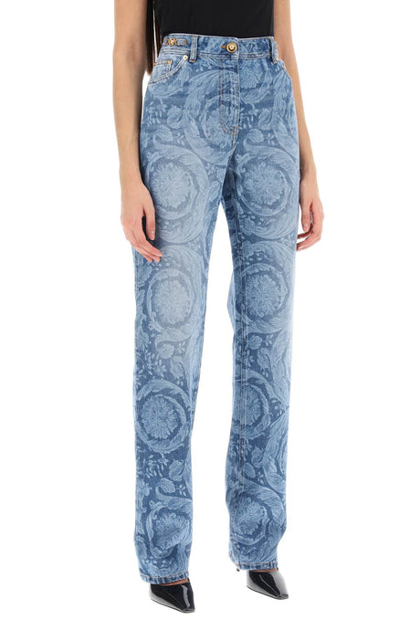 VERSACE Baroque Pattern Straight Leg Jeans in Light Blue for Women